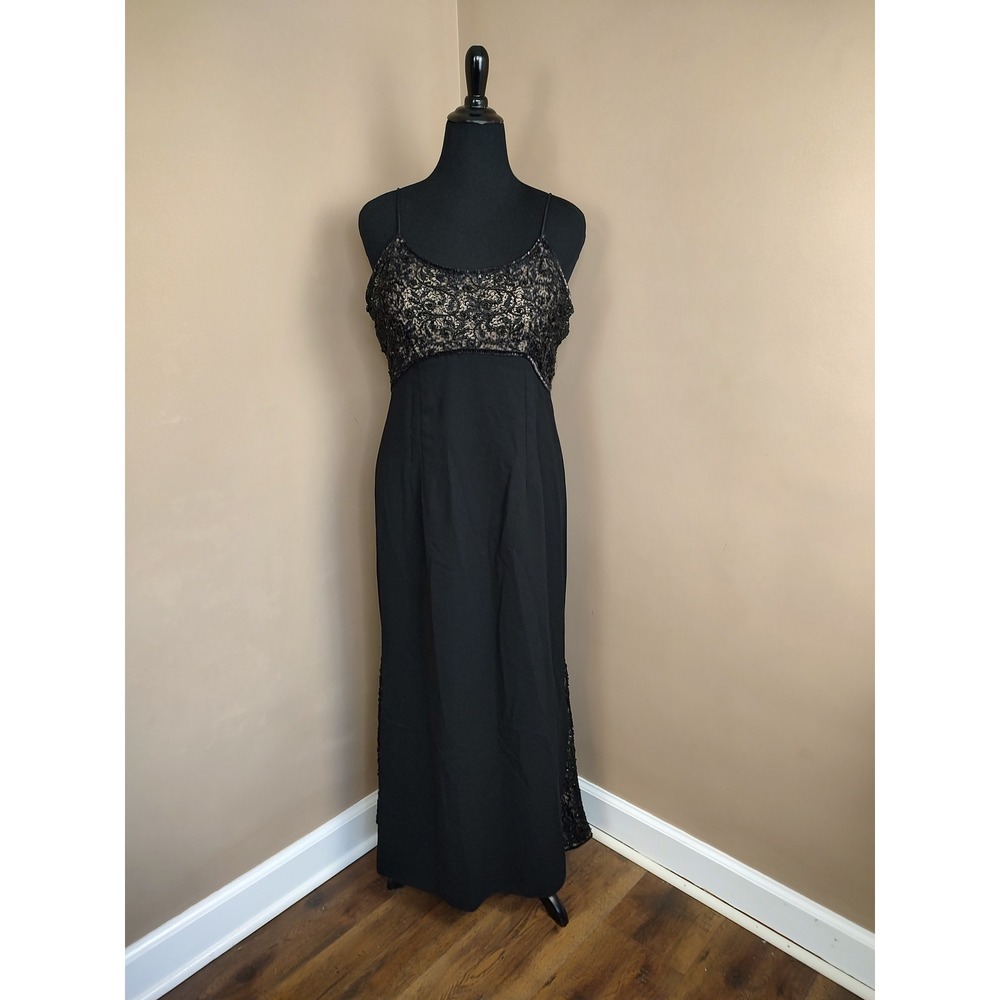 Laurence Kozar Black Beaded Lace Maxi Dress Spaghetti Strap Formal Evening XXL